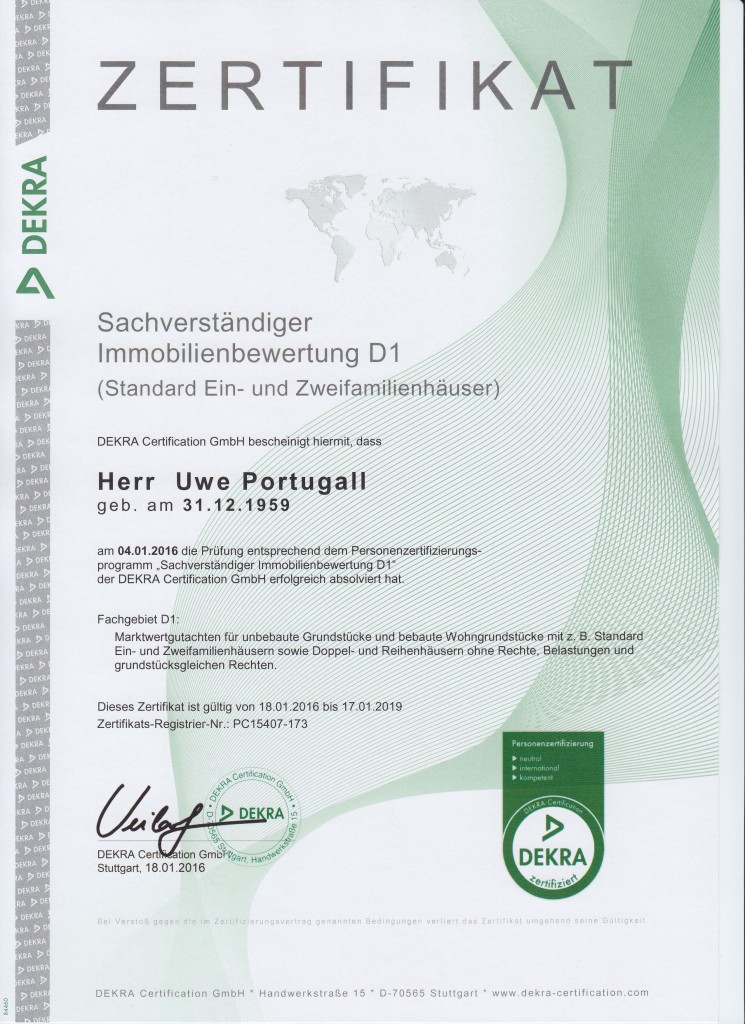 Dekra Zertifikat Sachverständiger Immobilienbewertung D1